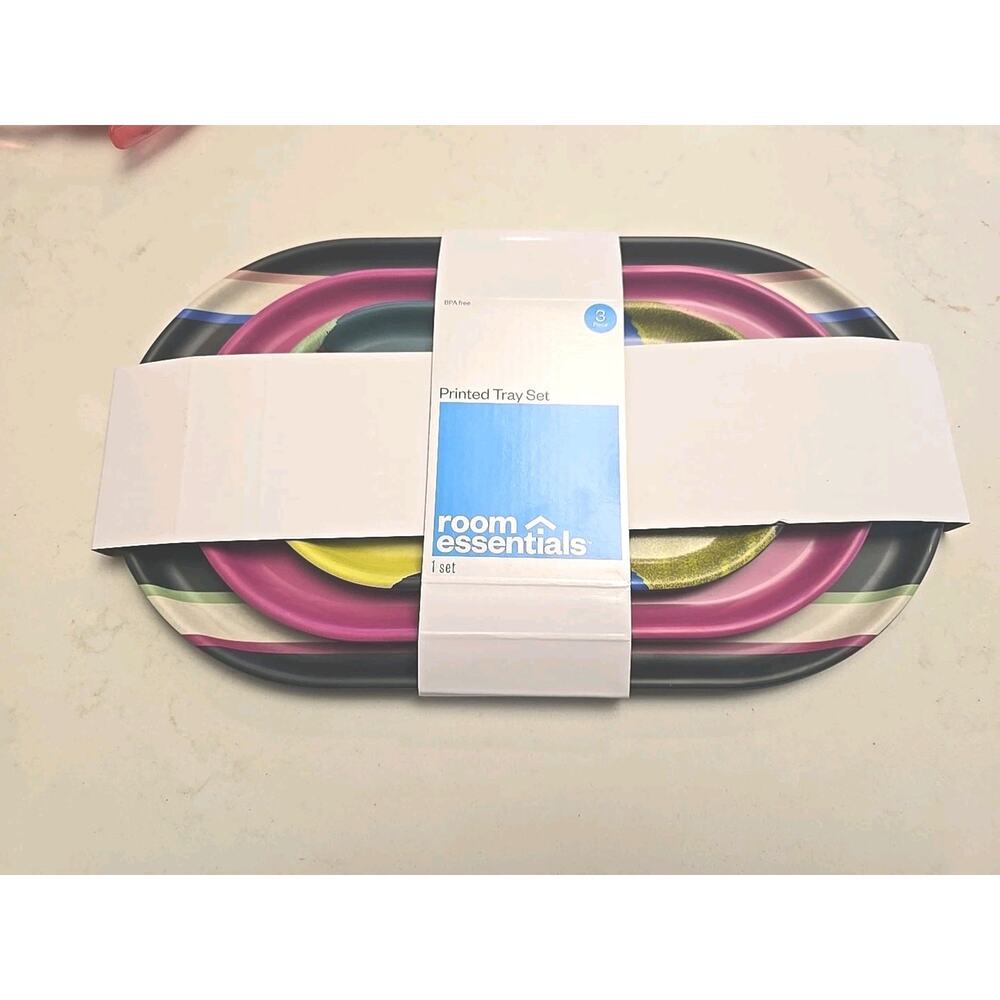 13004 Room Essentials 3-Piece Printed Bamboo Melamine Tray Set New Colorful